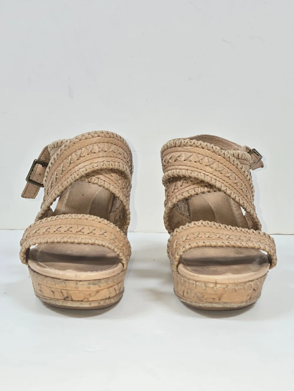 Fosil Cork Platform Sandals Tan Leather Cross-Stitch Block Heel Women’s Sz 6.5 - Picture 9 of 12